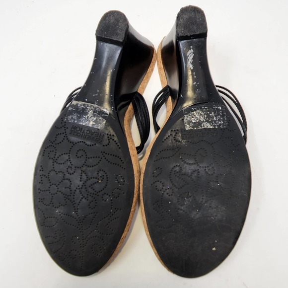 Kenneth Cole Reaction Black Leather Wedge Thong Sandals 9M Shell Beaded Cork Bed - Picture 9 of 9